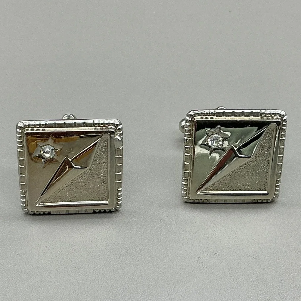 Vintage Silver Tone Cufflinks Tie Clip Set Rhinestone Mid Century Men's Formal